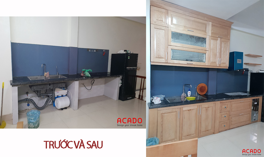 Hình ảnh trước và sau khi đóng tủ bếp.
