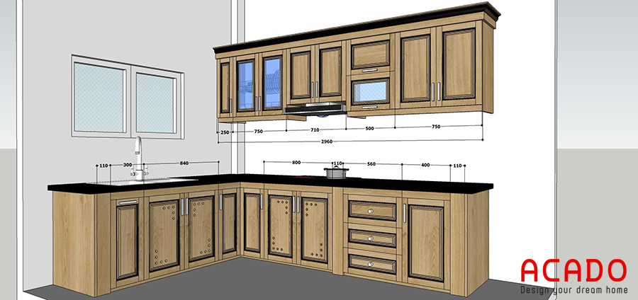 Sau khi trao đổi với anh Cường, chúng tôi đã lên thiết kế tủ bếp phù hợp với không gian căn bếp.