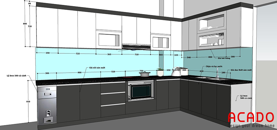 Bản thiết kế tủ bếp phù hợp với không gian phòng bếp nhà chị Trâm.