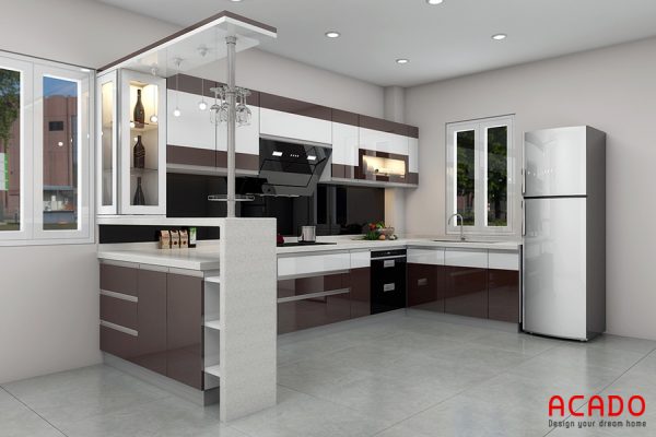 Tủ bếTủ bếp Laminate màu caffe thiết kế hiện đại, sang trongp Laminate màu caffe nhẹ nhàng, thanh lịch