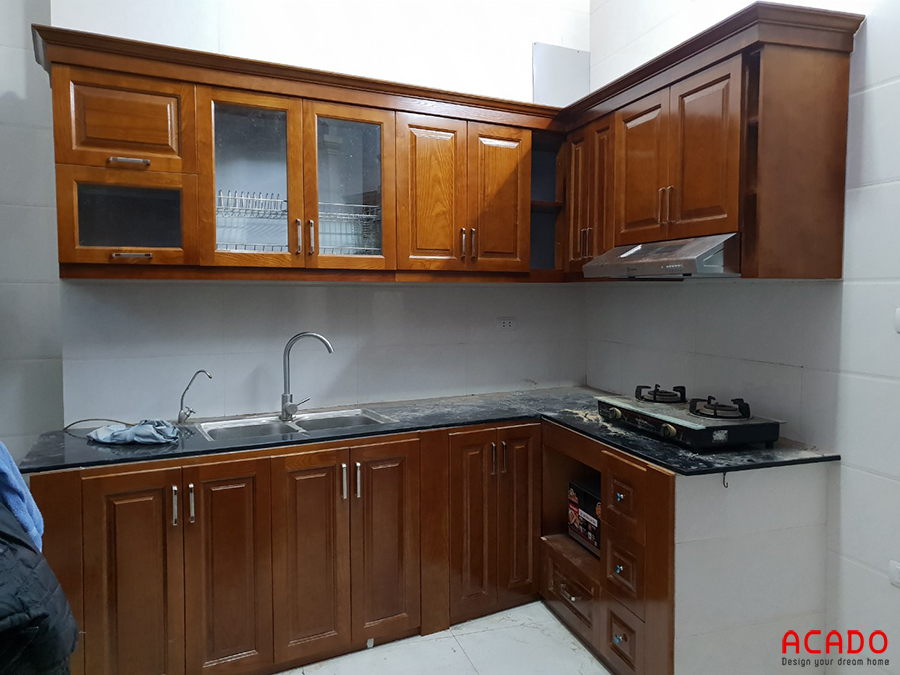 Hình ảnh tủ bếp của nhà anh Quang sau khi đã hoàn thiện.