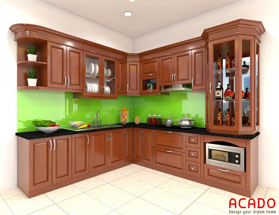 Tủ bếp đẹp, hiện đại, kết hợp kính bếp xanh lá cây .