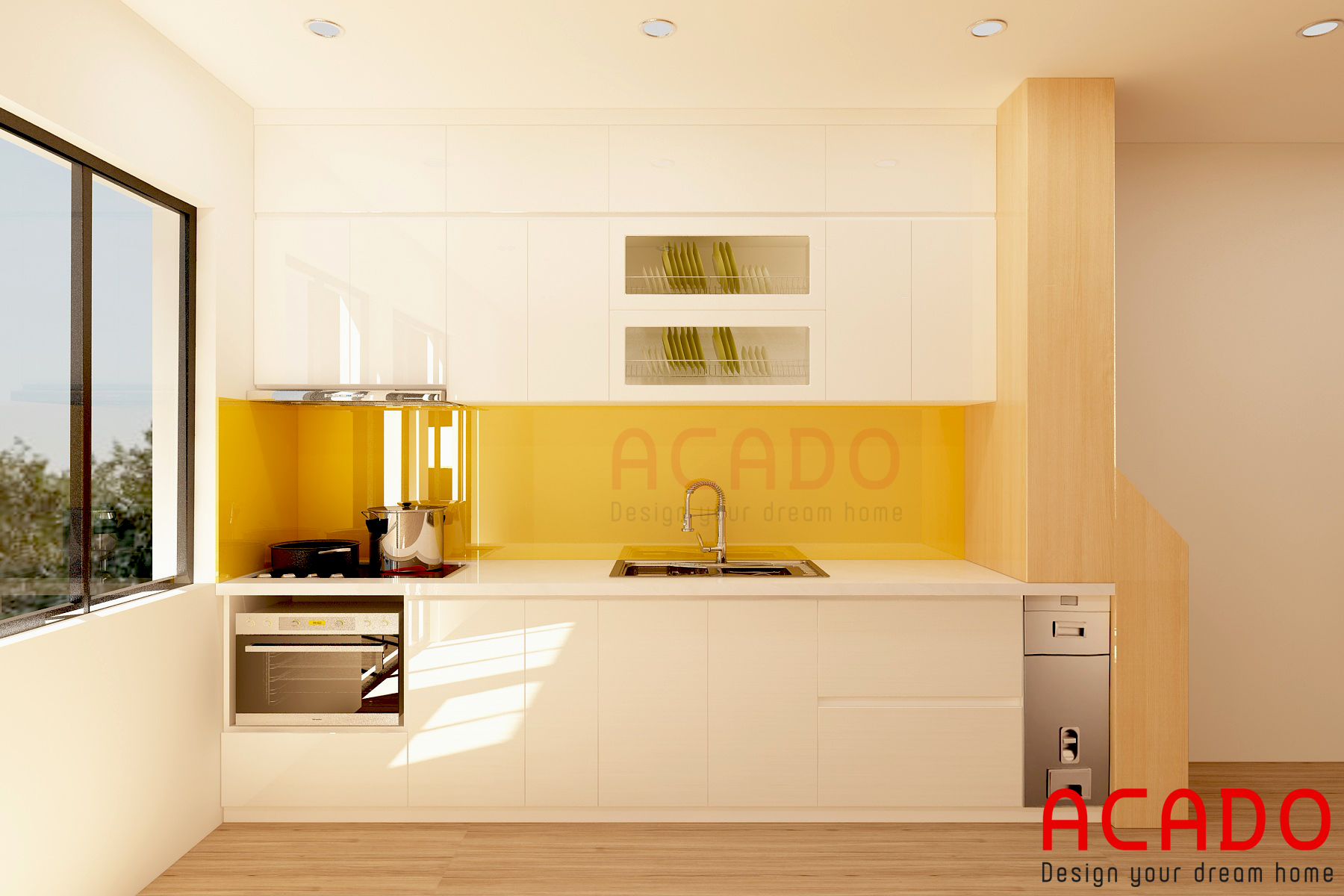 Tủ bếp Acrylic kết hợp kính bếp màu vàng sang trọng