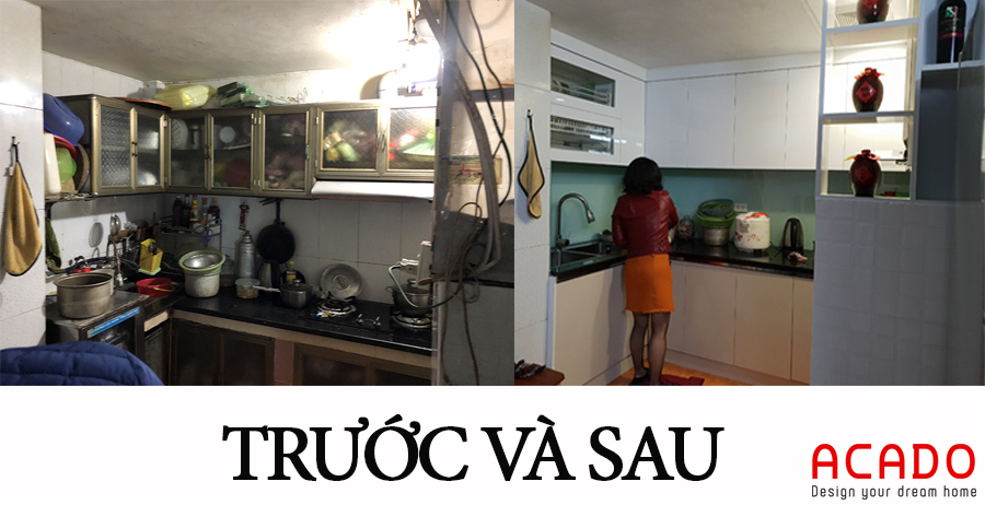 Hình ảnh trước và sau khi Acado lắp đặt tủ bếp.