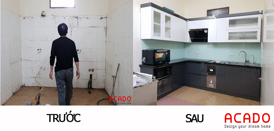 Hình ảnh so sánh trước và sau khi lắp tủ bếp.