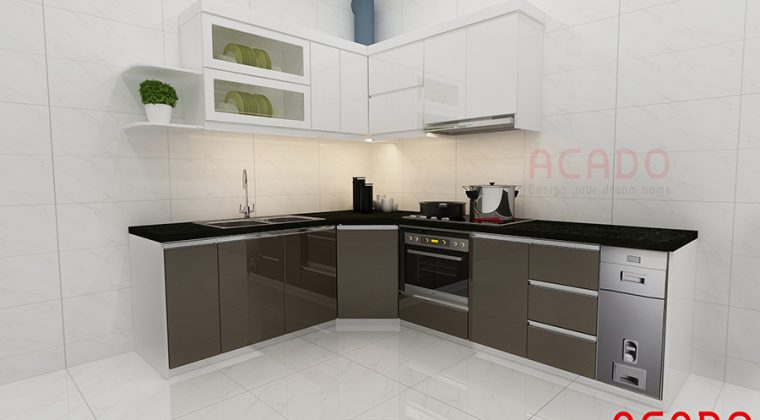 Tủ bếp gỗ công nghiệp Acrylic kiểu dáng hiện đại tạo cảm giác hứng thú cho các bà nội trợ khi vào bếp