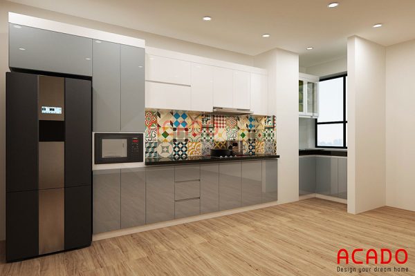 Tủ bếp gỗ công nghiệp Acrylic tone màu ghi sang trọng, hiện đại