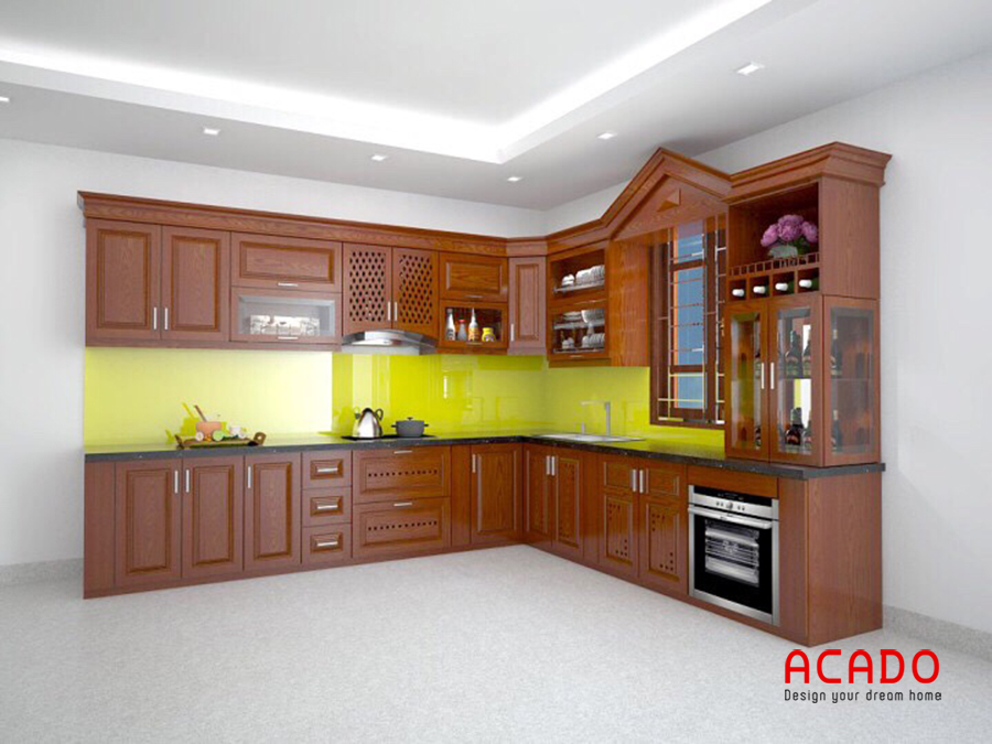 Tủ bếp gỗ xoan đào đẹp, sang trọng cho không gian nhà bếp.