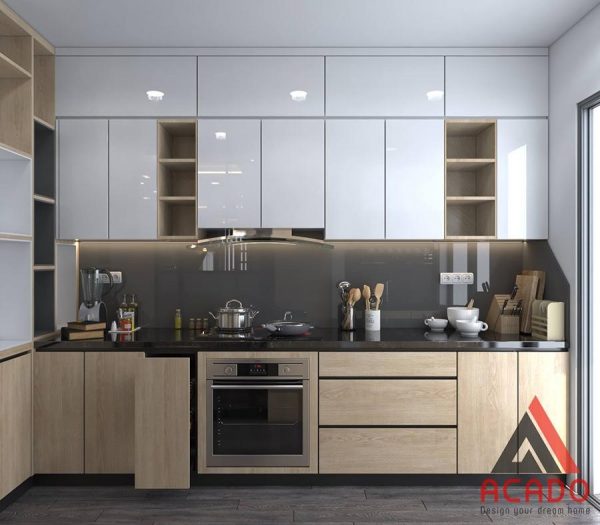 Mẫu tủ bếp Acrylic bóng gương thông minh và đầy đủ tiện nghi và kính bếp màu đen hiện đại