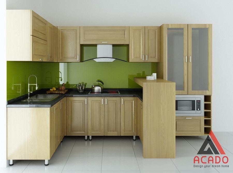 Tủ bếp inox chữ U cánh gỗ tự nhiên sang trọng, ấm cúng cho căn bếp
