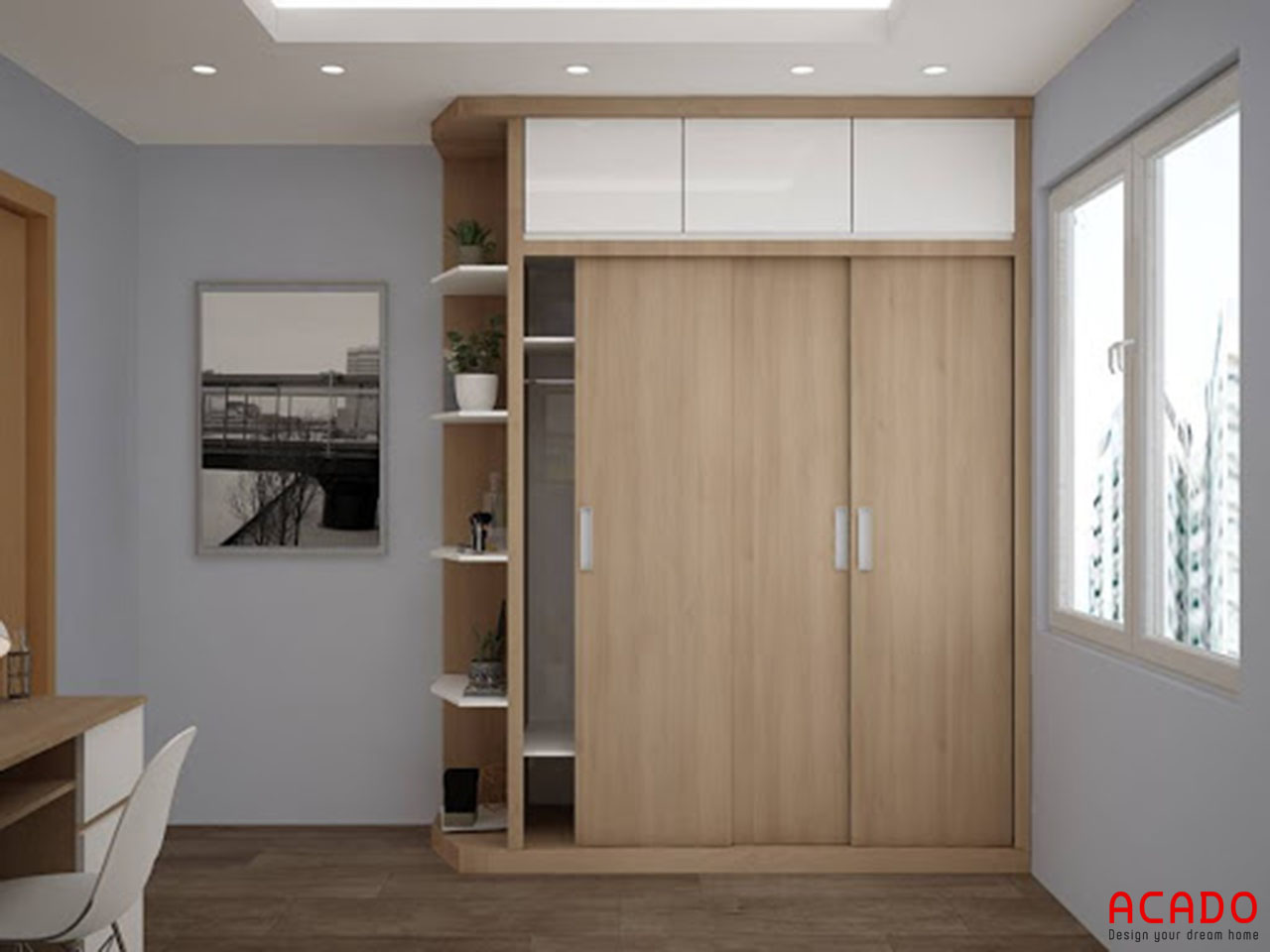 Tủ áo gỗ Melamine màu vân gỗ sát trần thoải mái không gian chứa đồ cho bạn