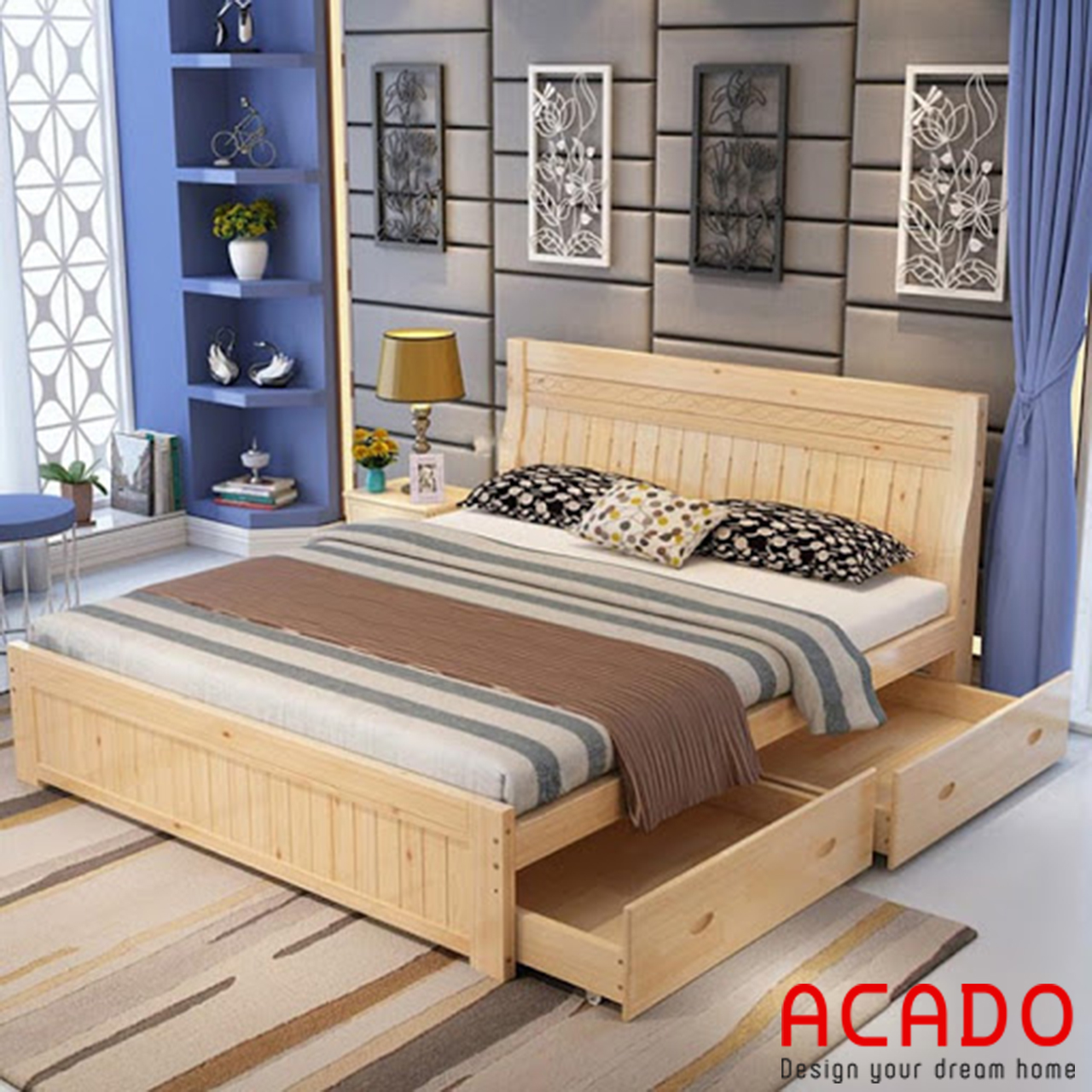 Giường ngủ gỗ sồi nga tự nhiên màu vàng nhạt đẹp, độ bền khá cao, giường ngủ cho chung cư