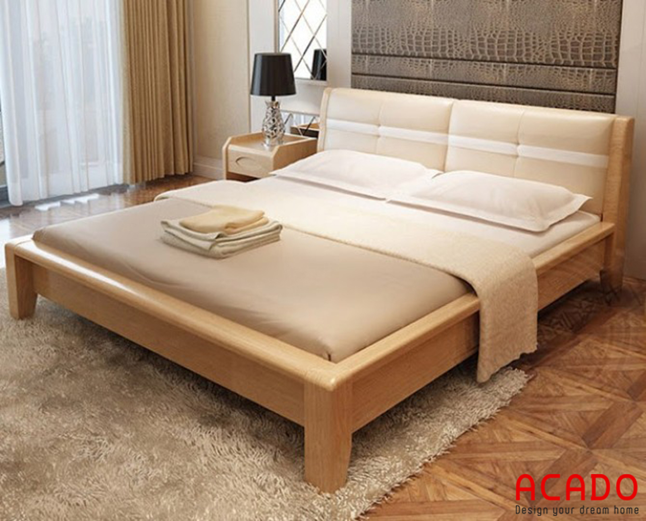 Mẫu gường ngủ gỗ sồi nga thiết kế hiện đại, trẻ trung