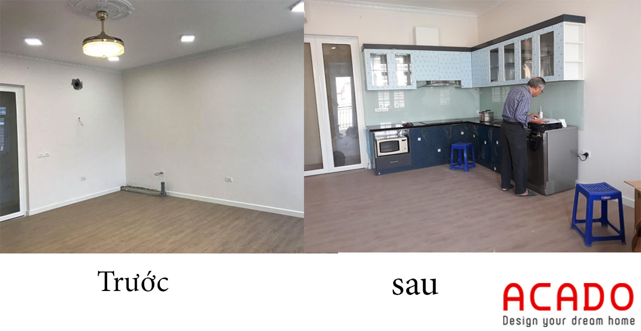 Hình ảnh so sánh trước và sau khi lắp đặt tủ bếp - nội thất Acado