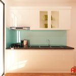 Tủ bếp Picomat đẹp cánh Acrylic kết hợp kính bếp màu xanh mát mẻ, thu hút