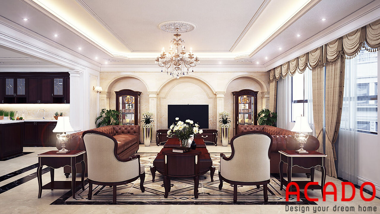 Thiết kế phòng khách chung cư theo phong cách cổ điển sang trọng, cao cấp - nội thất Aacdo