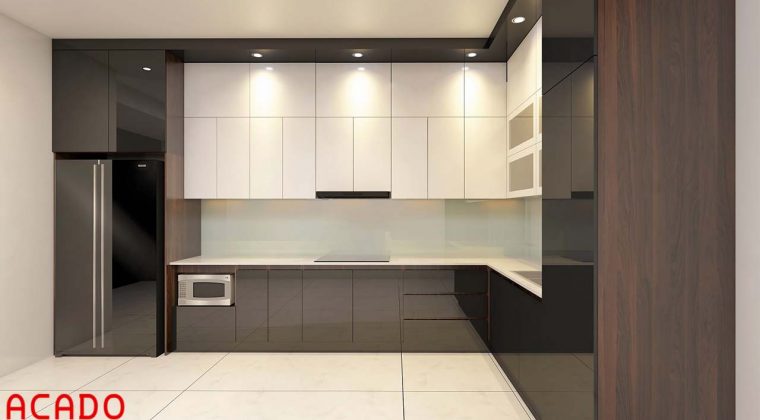 Tủ bếp Acrylic bóng gương màu trắng- đen sang trọng
