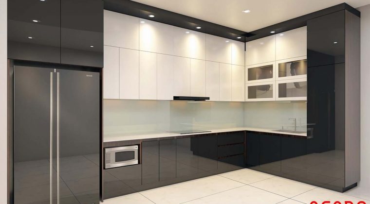 Tủ bếp Acrylic sát trần màu trắng và đen kết hợp mang đến không gian bếp hiện đại, trẻ trung