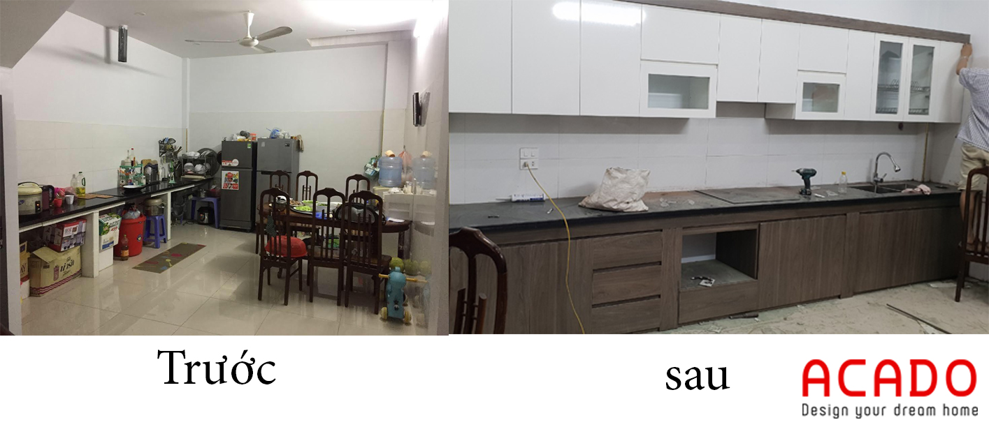 Hình ảnh so sánh trước và sau khi lắp tủ bếp - nội thất Acado