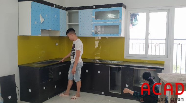 Tủ bếp inox 304 cánh nhựa Acrylic nhà chị Thủy - Thái Hà