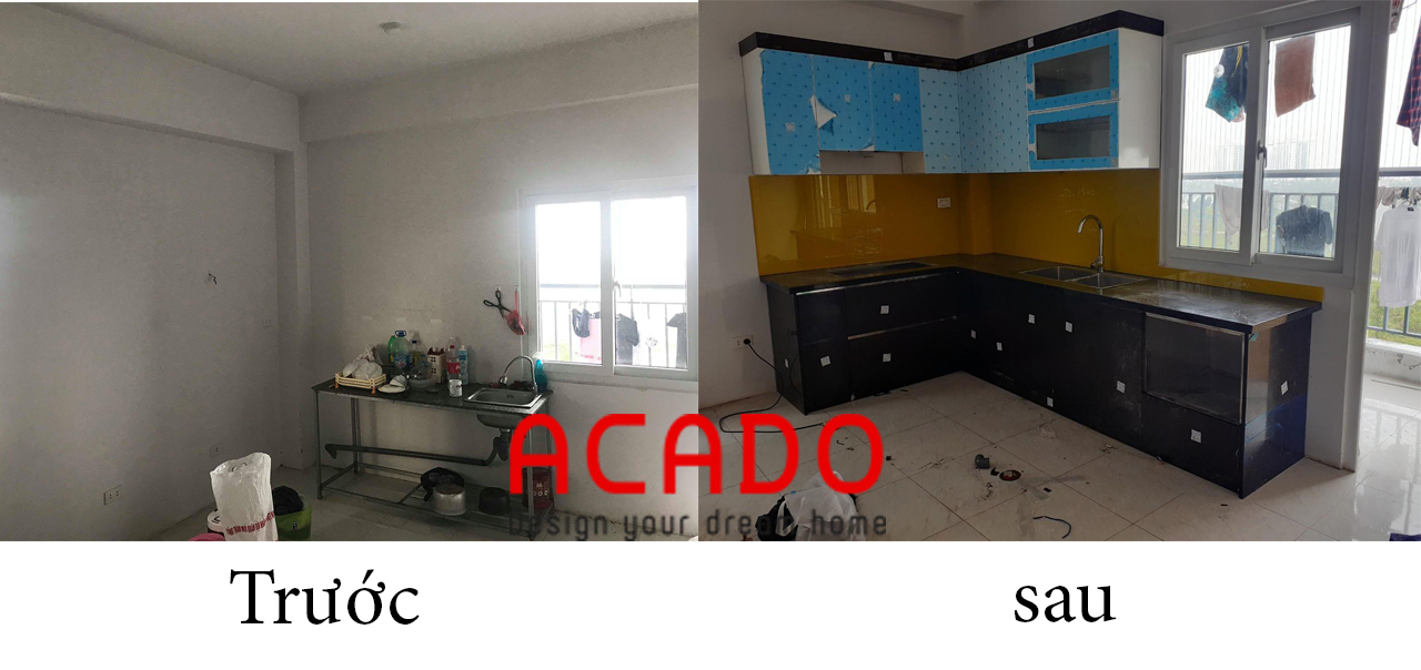 Hình ảnh so sánh trước và sau khi lắp đặt tủ bếp - nội thất Aacdo , làm tủ bếp tại Thanh Hà