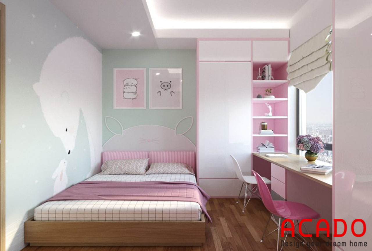 Phòng ngủ dành cho 2 bé gái màu hồng xinh xắn