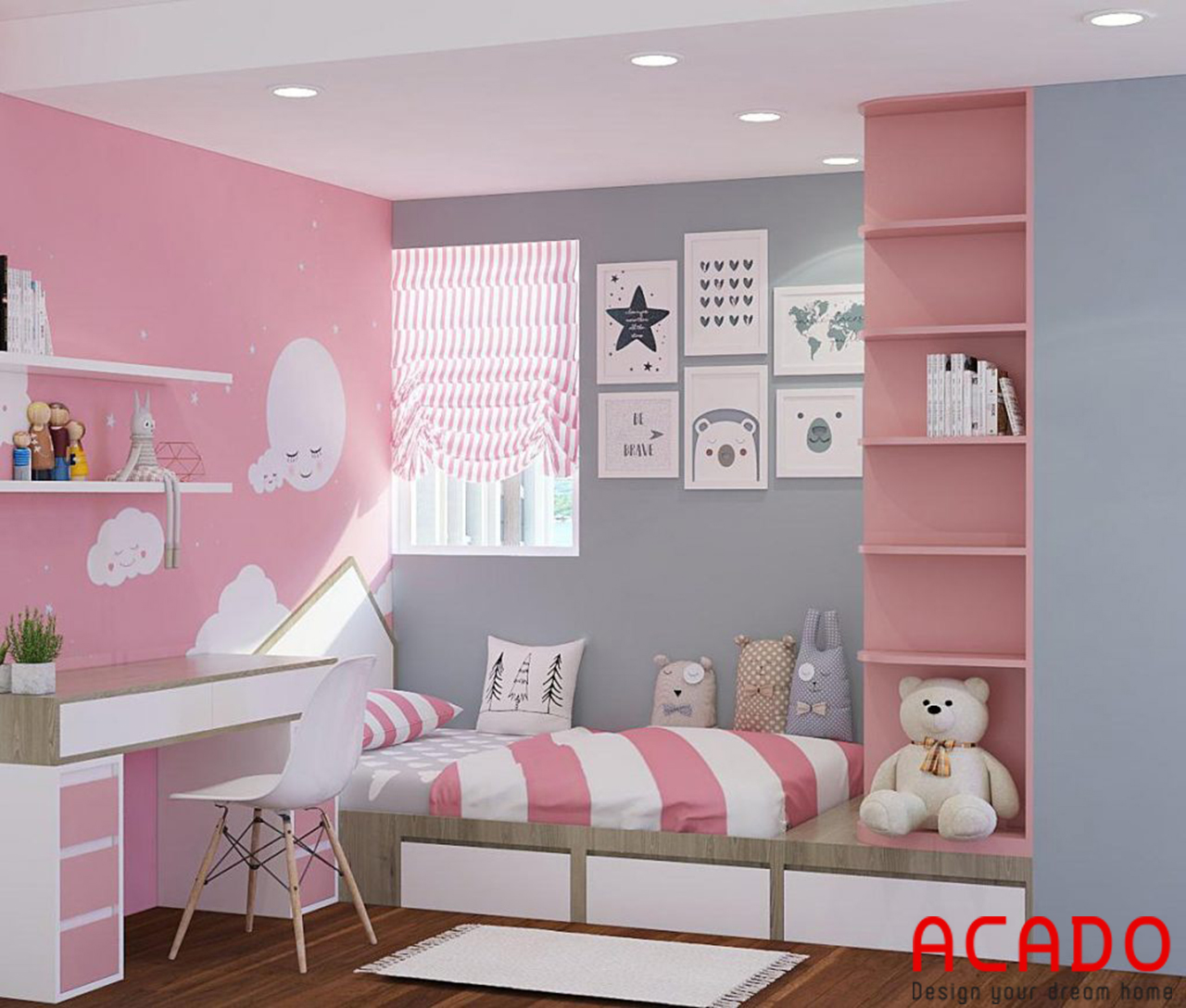 Thiết kế phòng ngủ cho bé gái phong cách hiện đại, trẻ trung