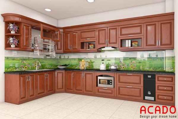 Tủ bếp gỗ xoan đào tại ACADO sử dụng kính bếp 3D sống động như một bức tranh thiên nhiên