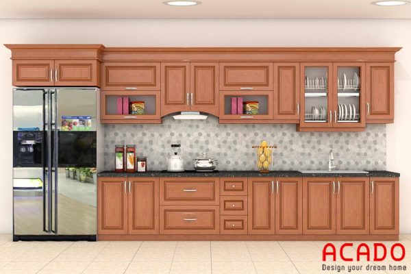 Mẫu tủ bếp gỗ xoan đào chữ I đầy đủ tiện nghi cho căn bếp hiện đại