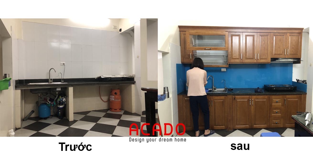 Hình ảnh so sánh trước và sau khi ACADO làm tủ bếp tại Hà Cầu- Hà Đông