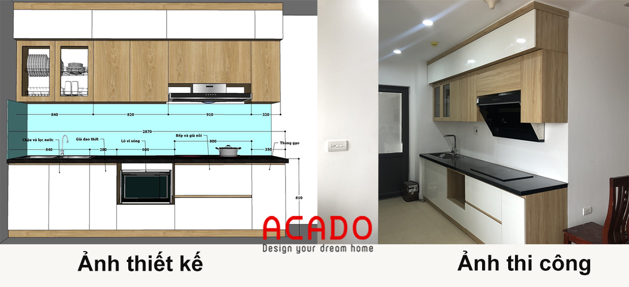 Hình ảnh so sánh bản thiết kế và công trình tủ bếp thi công thực tế làm tủ bếp tại thanh trì - Hà Nội