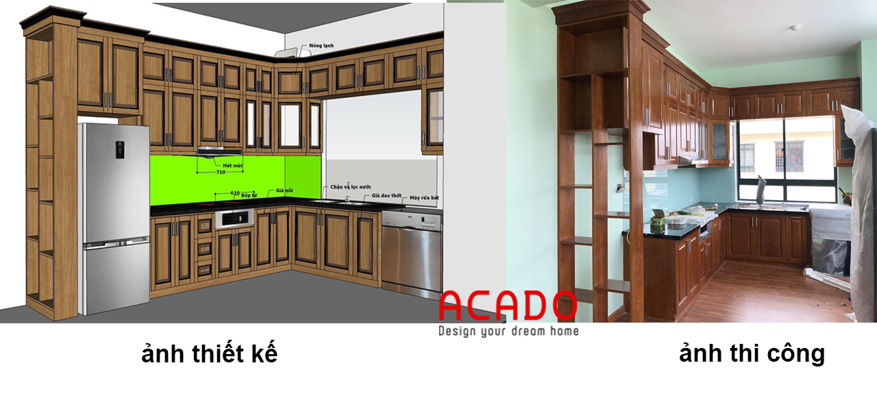 Hình ảnh so sánh bản thiết kế và thi công thực tế tại nội thất ACADO