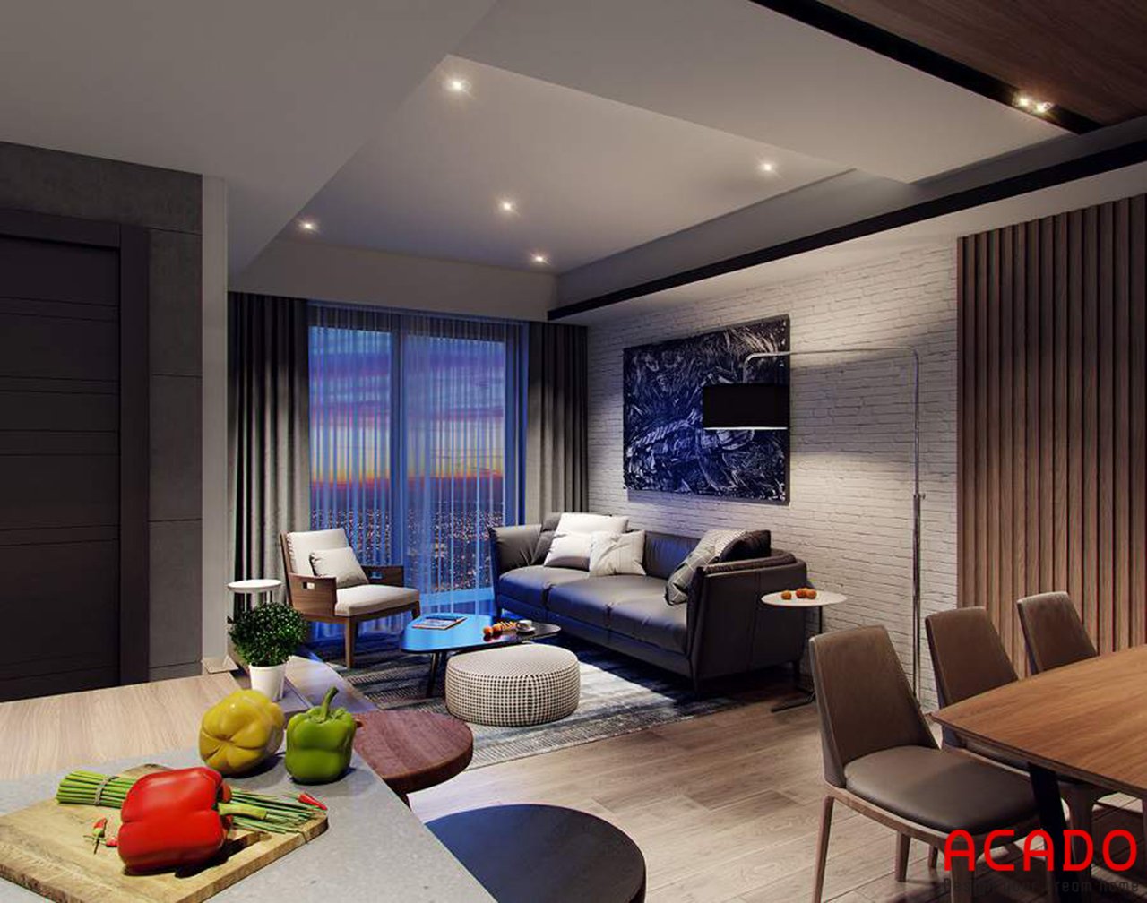 Phòng khách căn hộ chung cư 60m2 được ACADO lên thiết kế đầy đủ tiện nghi với bộ sofa sang trọng