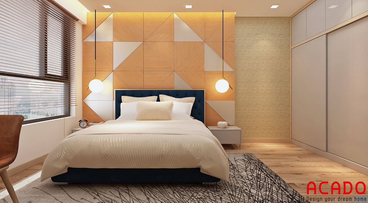 Vách trang trí đầu giường cho phòng ngủ được làm từ gỗ tự nhiên