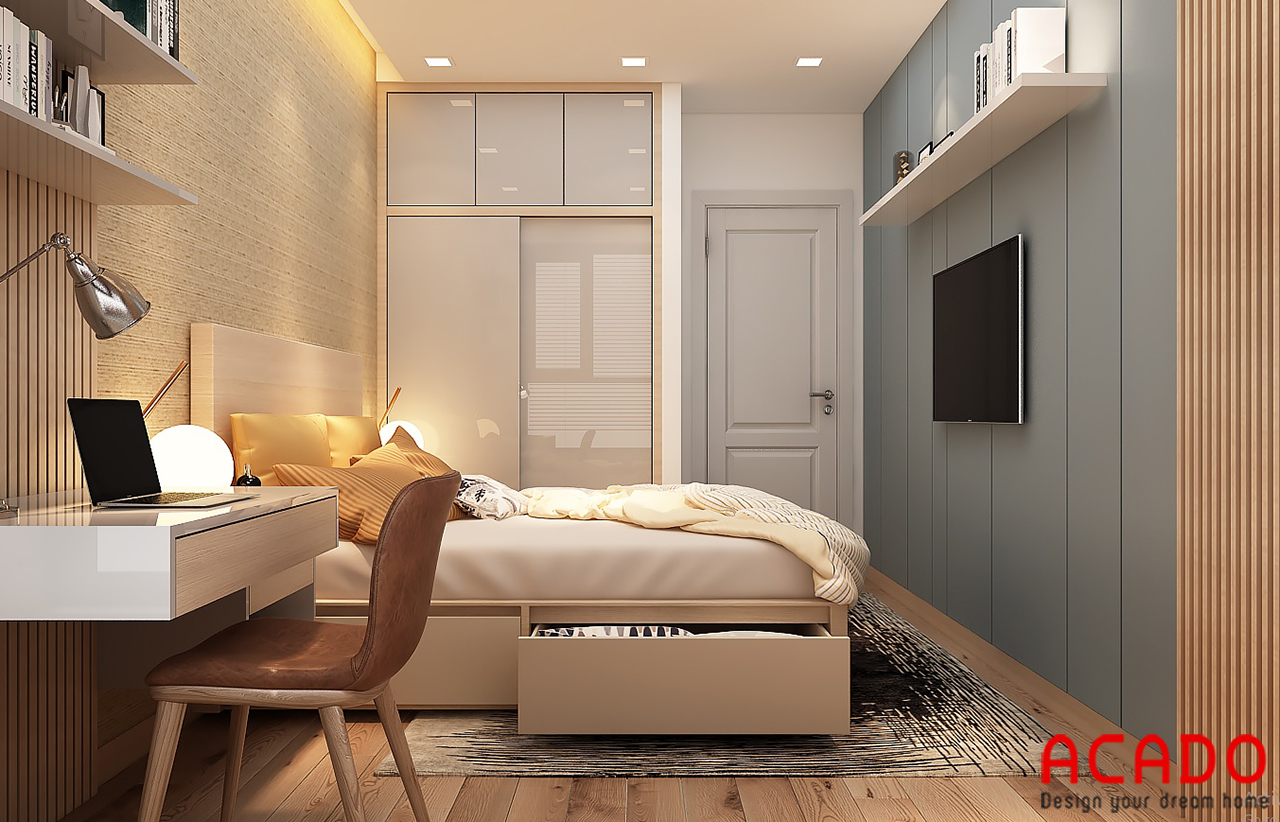 Nội thất phòng ngủ với diện tích nhỏ gọn các nhà thiết kế ACADO đã sắp xếp đồ một cách gọn gàng