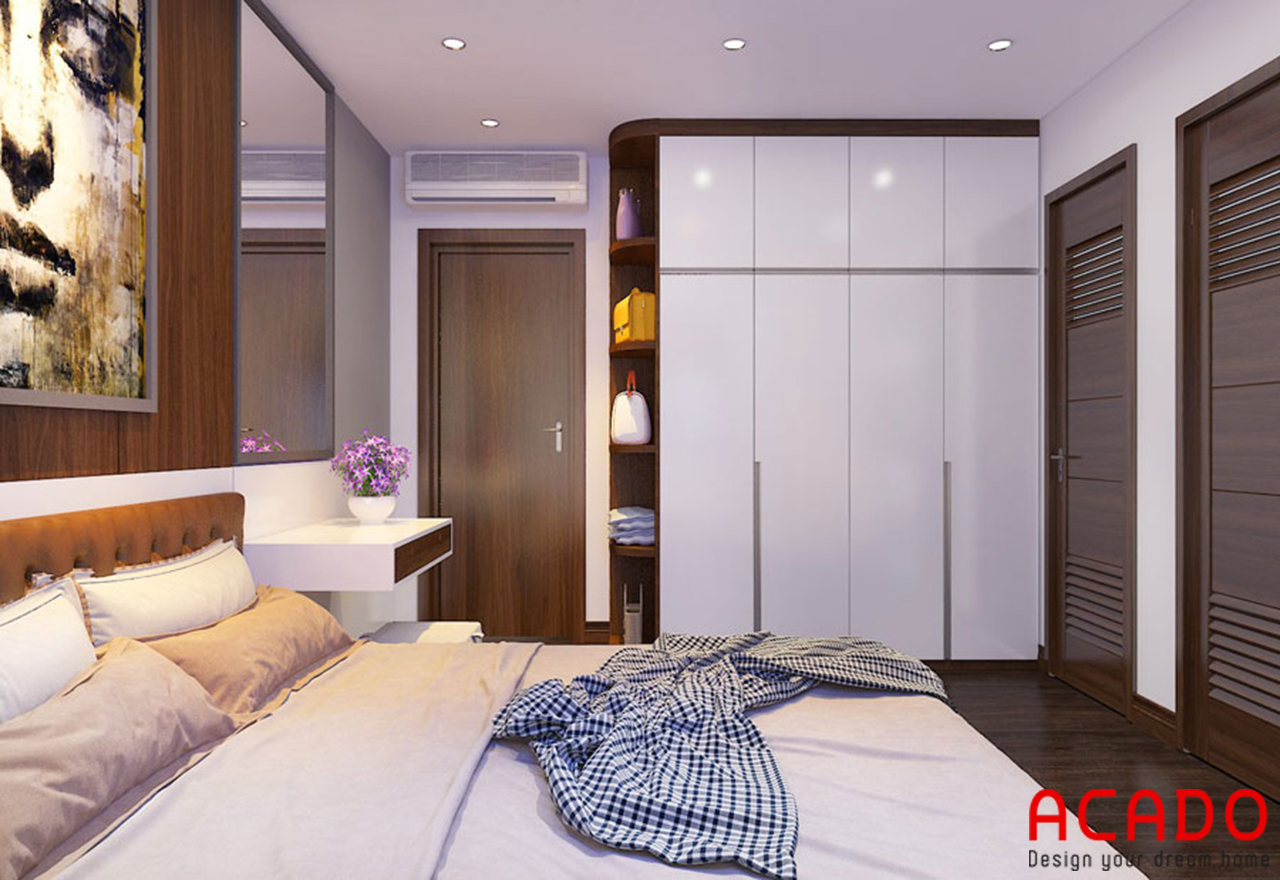 Phòng ngủ sử dụng chất liệu gỗ tự nhiên màu trắng kết hợp màu vân gỗ