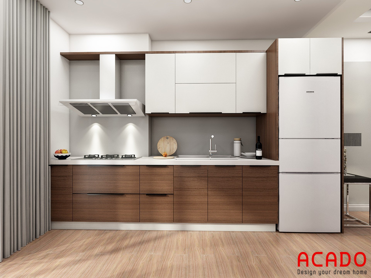 Tủ bếp thiết kế màu vân gỗ kết hợp với màu trắng hiện đại