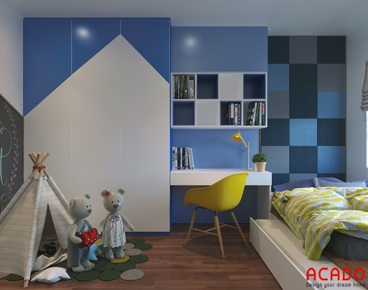Bày trí các đồ nội thất trong phòng ngủ cho bé gam màu xanh nổi bật và thu hút các bé
