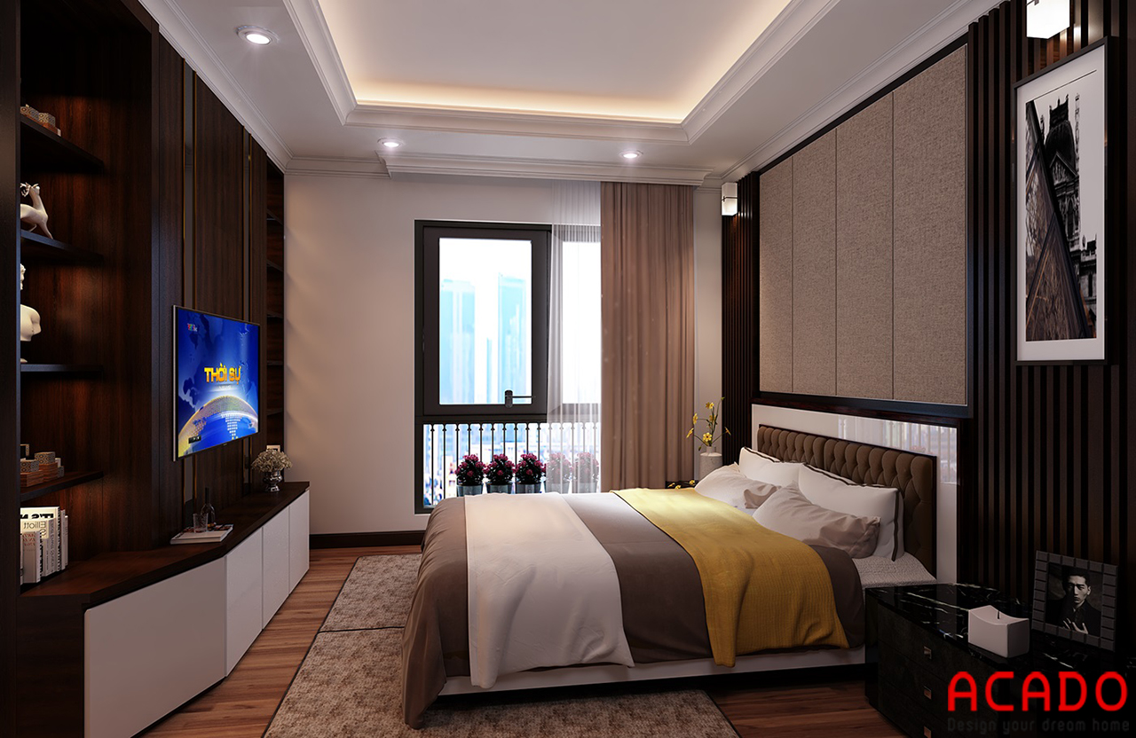 Phòng ngủ thiết kế với các gam màu trầm tạo cảm giác yên bình và ấm cúng