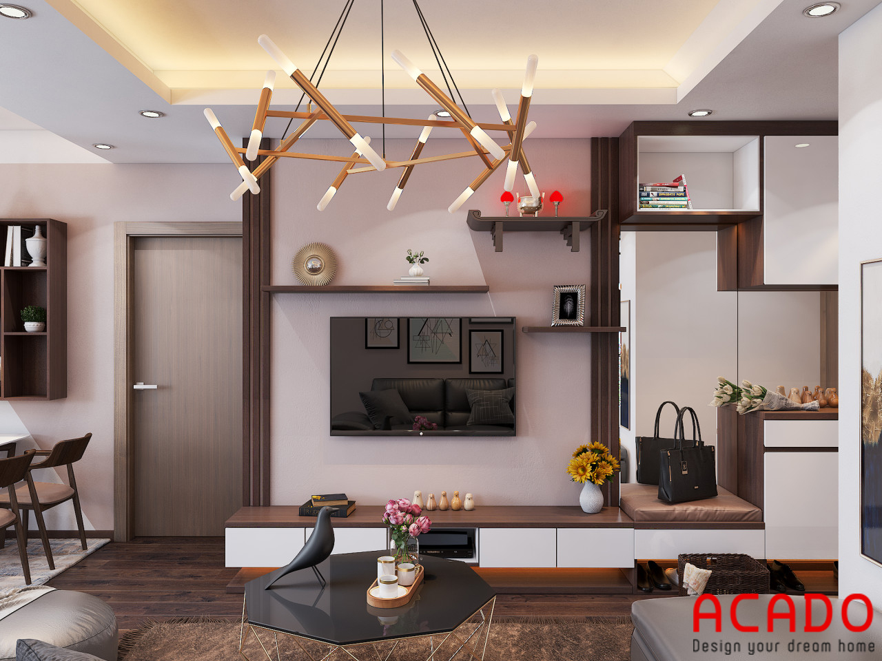 Thiết kế phòng khách với kệ tivi kết hợp tủ trang trí hiện đại, trẻ trung - thiết kế nội thất chung cư 80m2
