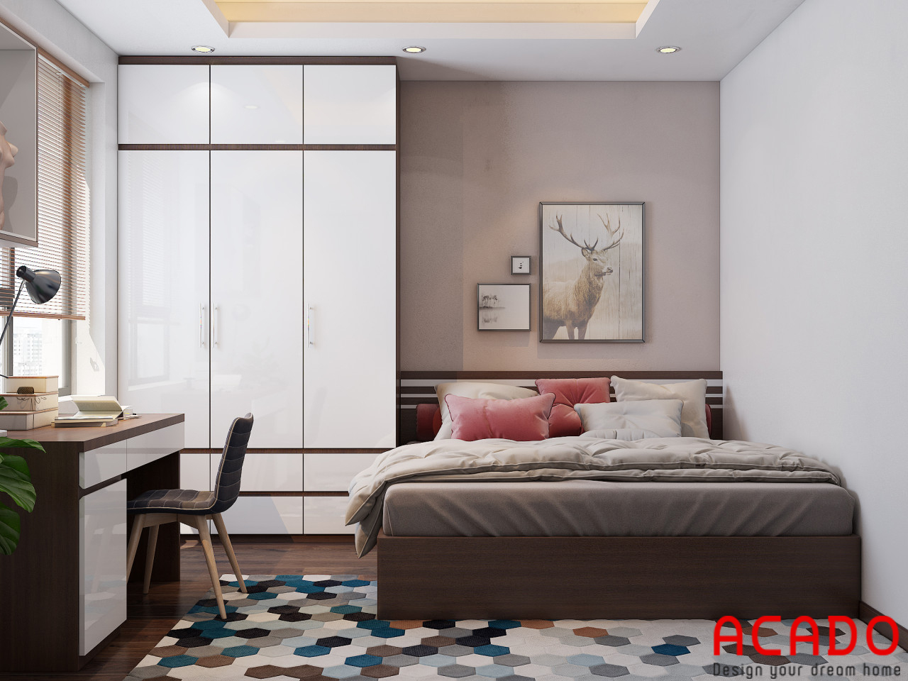 Với màu trắng kết hợp màu vân gỗ tạo điểm nhấn. Phòng ngủ mang phong cách hiện đại