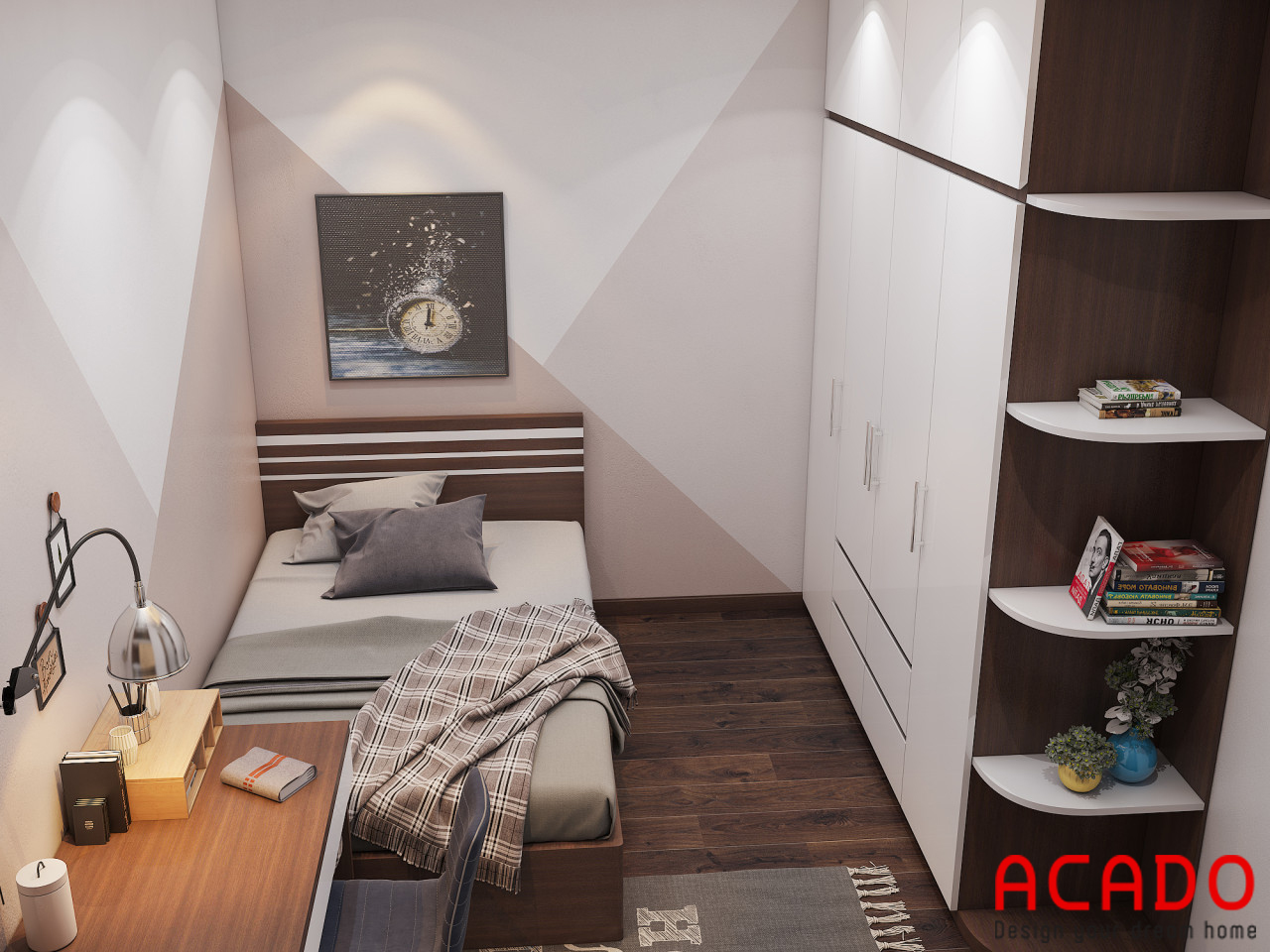 Phòng ngủ có diện tích hẹp nên ACADO chỉ thiết kế giường ngủ 1m2x2m để tiết kiệm không gian