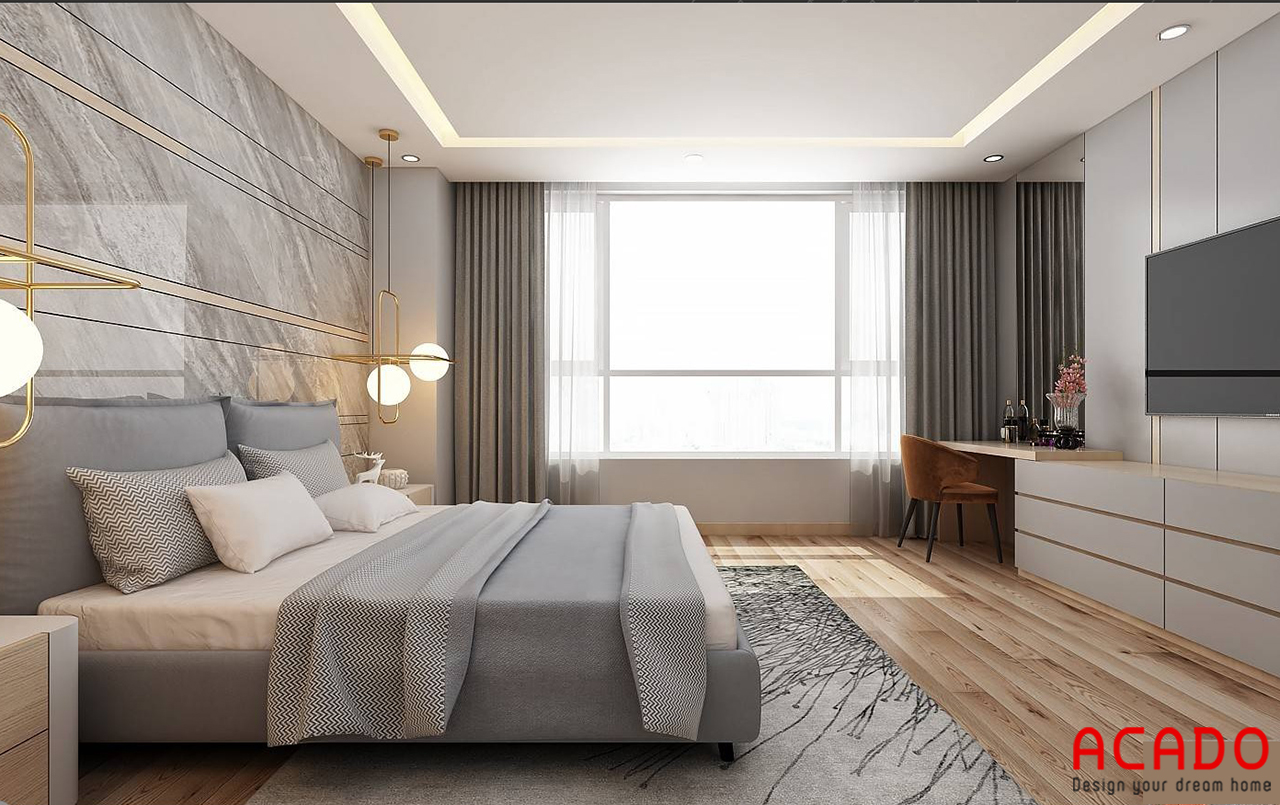 Phòng ngủ chính được thiết kế với tone màu ghi làm chủ đạo