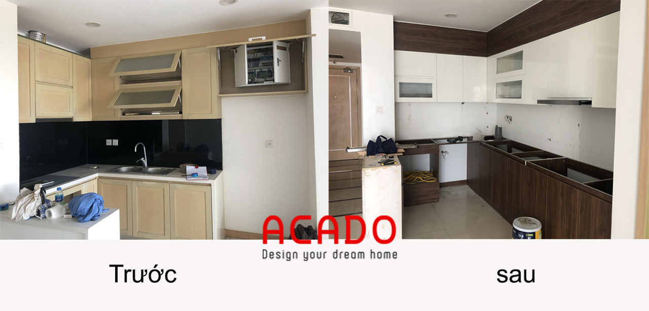 Hình ảnh so sánh trước và sau khi lắp đặt tủ bếp - nội thất ACADO