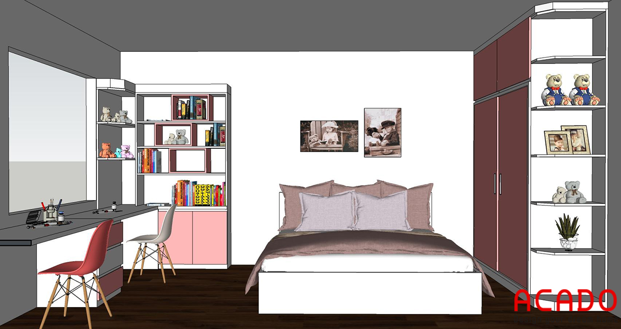 Bản thiết kế phòng ngủ trẻ em ACADO thiết kế với tone màu trắng hồng cho các bé