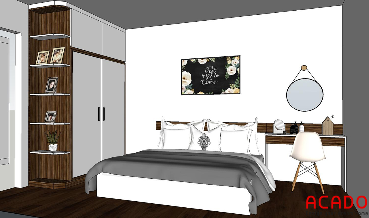 Nội thất phòng ngủ bố mẹ ACADO lên thiết kế với tone màu trắng kết hợp màu vân gỗ
