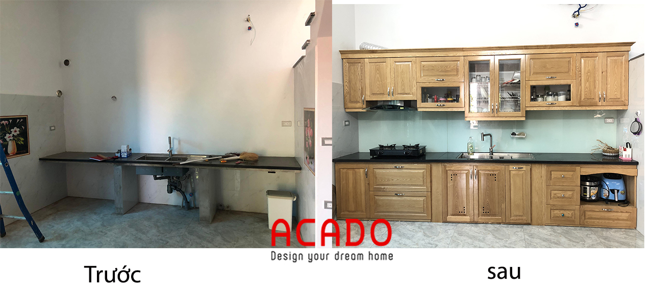 Hình ảnh so sánh trước và sau khi lắp đặt tủ bếp , ACADO thiết kế và thi công
