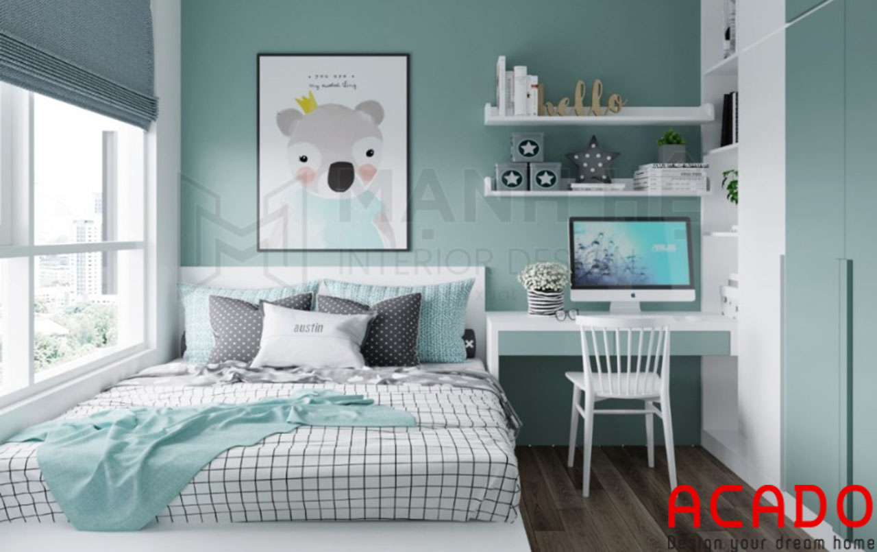Phòng ngủ có gam màu nhẹ nhàng phù hợp với những gia đình yêu thích gam màu lạnh