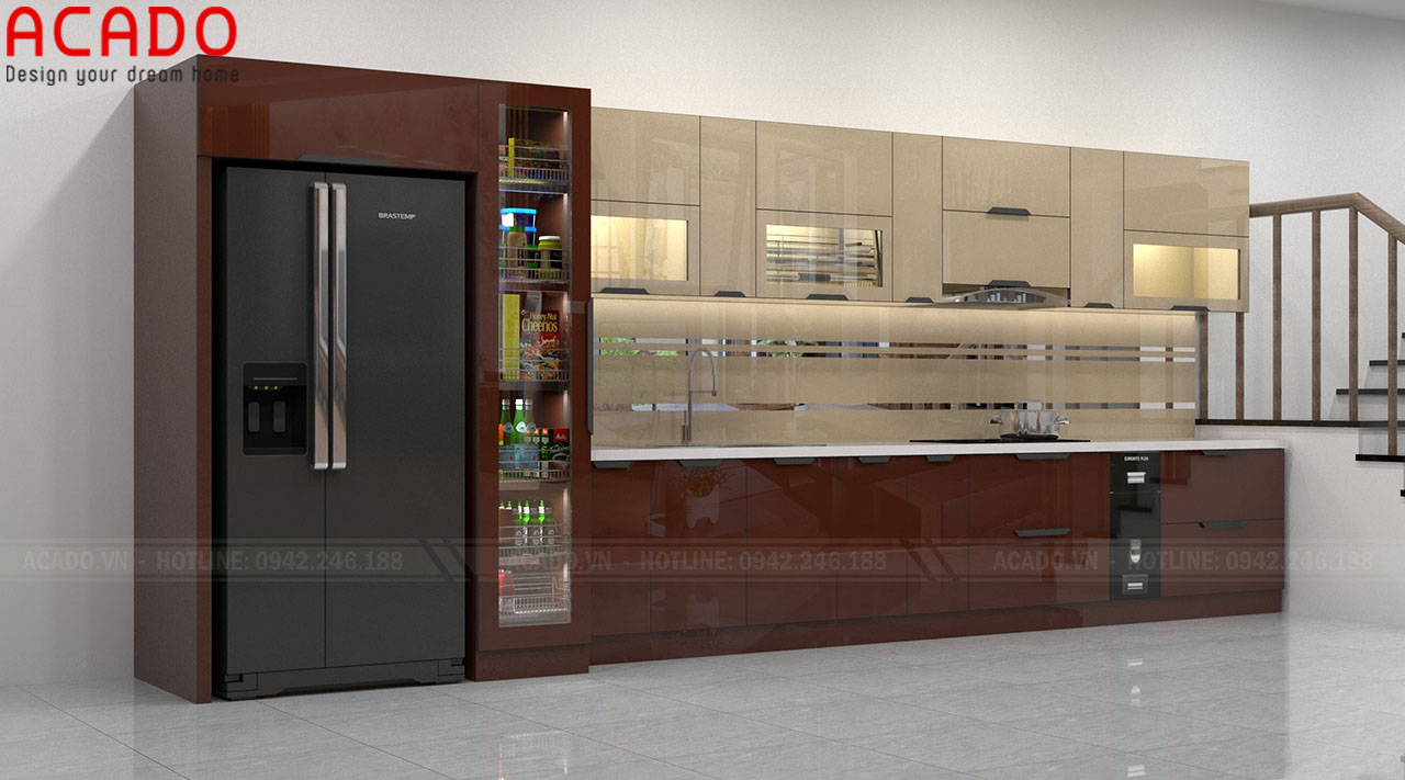 Tủ bếp thiết kế chữ I kết hợp tủ rượu mang lại cảm giác sang trọng - Bộ sưu tập tủ bếp inox cánh kính