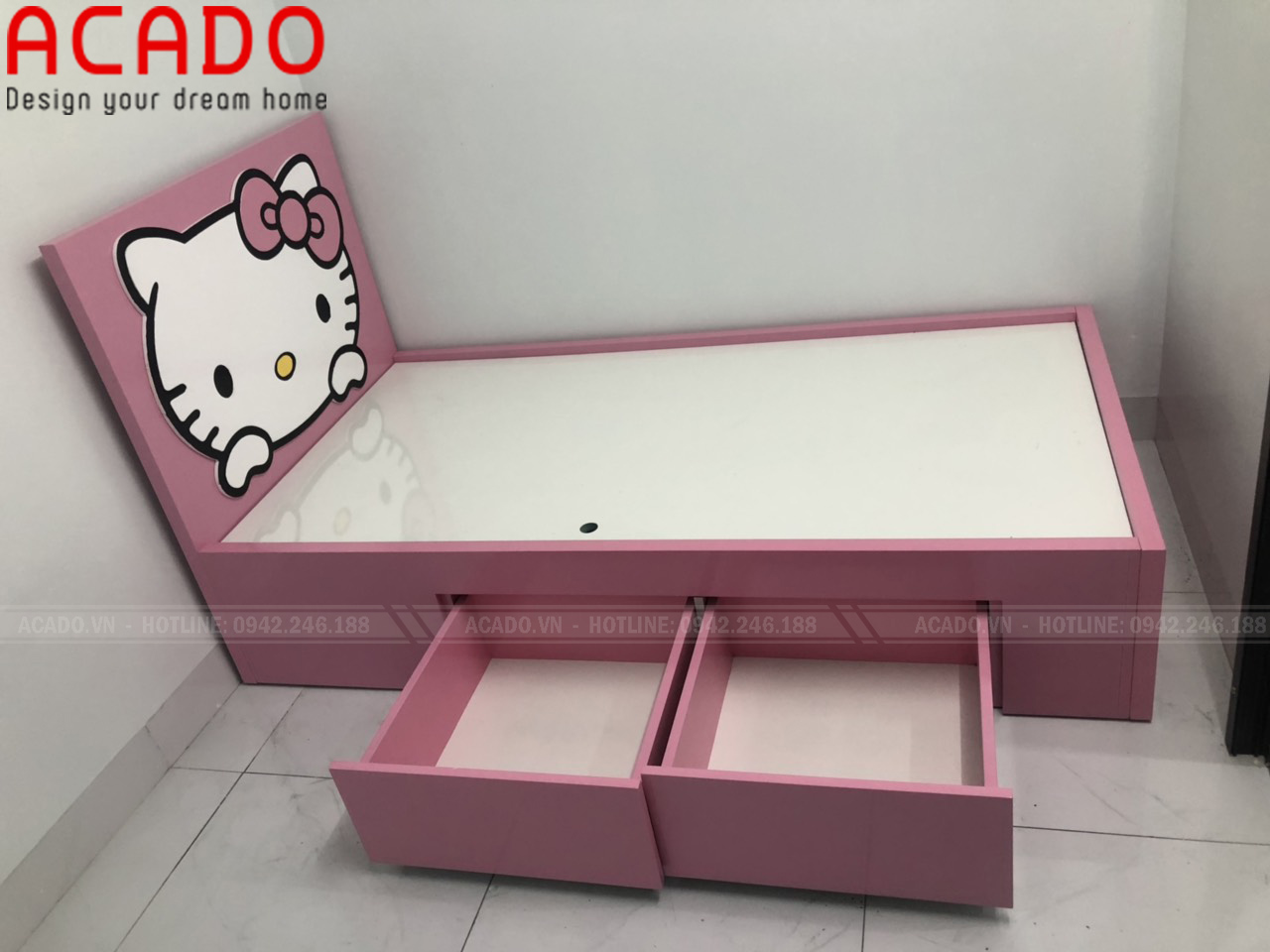 Giường ngủ màu hồng siêu đánh yêu cho các em nhỏ - Thi công nội thất tại Tân Triều